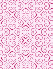 Seamless lace pattern. Vintage curled texture. Swirl silhouettes floral heart signs. Twist ornament of laurel leaves. Magenta figure on white background. Love, birthday, Valentine day, sale. Vector