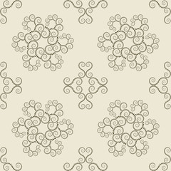 Spiral seamless lace pattern. Vintage texture. Abstract twirl figures of laurel leaves. Green, yellow contrast colored background. Vector 