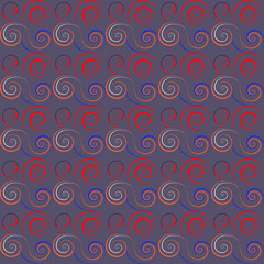 Seamless floral spiral pattern. Curled, twirl lines. Floral theme climb ornament. Twist background. Purple, red, white colors. Vector illustration