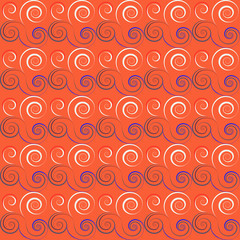 Seamless floral spiral pattern. Curled, twirl lines. Floral theme climb ornament. Twist background. Orange, purple, white colors. Vector illustration