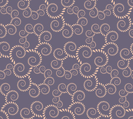 Spiral seamless lace pattern. Vintage texture. Abstract twirl figures of laurel leaves. Rose, lilac contrast colored background. Vector 