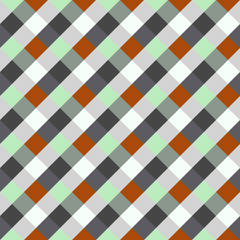 Seamless geometric checked pattern. Diagonal square, woven line background. Rhombus texture. Gray, green, orange colors. Vector