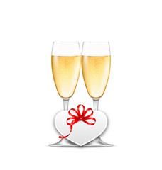 Wineglasses of Champagne and Paper Postcard for Happy Valentines