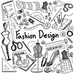 Fashion design education doodle icon tool sign  symbol in white isolated background paper used for designer presentation title with header text, create by vector