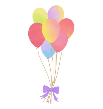 Cute colorful pastel balloons vector with ribbon in watercolor style.