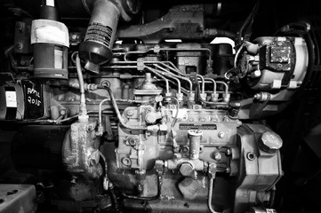 Tractor engine in black and white