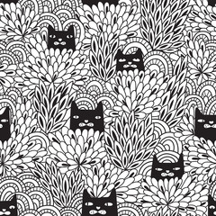 Black cats looking out of the bushes. Seamless pattern - 102183028