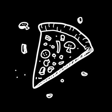 Pizza Doodle, a hand drawn vector doodle illustration of a pizza, isolated on a black background (editable).