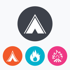 Tourist camping tent signs. Fire flame icons.