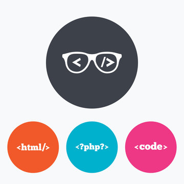 Programmer coder glasses. HTML markup language.