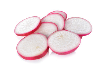 pile of sliced small radish on white background