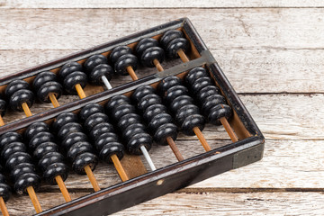 Old abacus on wooden background