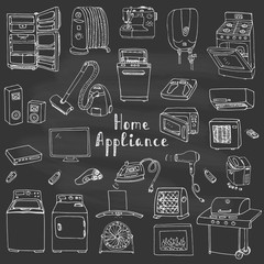 Hand drawn doodle Home appliance vector illustration Cartoon icons set Various household equipment and facilities Major and small appliances Consumer electronics Kitchenware Freehand vector sketches