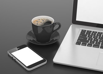 Laptop smartphone and coffee cup