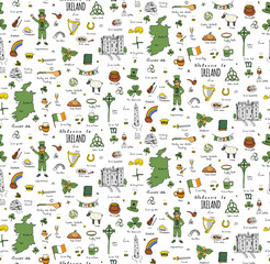 Seamless background hand drawn doodle Ireland set Vector Travel illustration Sketchy Irish traditional food icons Republic of Ireland elements Flag Map Celtic Cross Knot Castle Leprechaun Shamrock
