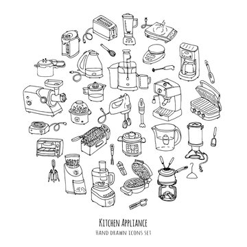 Hand drawn doodle Kitchen appliance vector illustration  Cartoon icons set Various household equipment and facilities Small kitchen appliances Consumer electronics Kitchenware Freehand vector sketch
