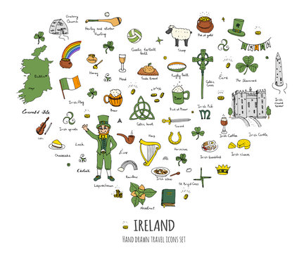 Hand drawn doodle Ireland set Vector illustration Sketchy Irish traditional food icons Republic of Ireland elements Flag Map Celtic Cross Knot Castle Leprechaun Shamrock Harp Pot of gold Travel icons