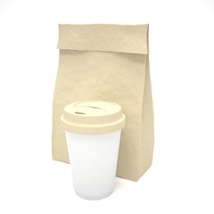 Coffee to go and lunch bag, on white.