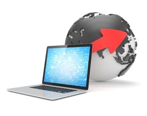 Laptop network and earth globe. 3d render