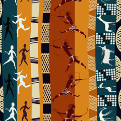 Seamless african pattern with figures of primitive people and an