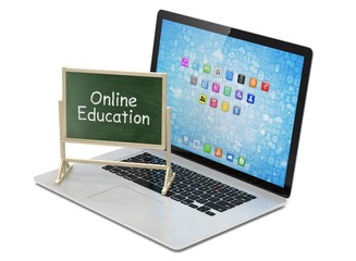  Laptop with chalkboard, online education concept