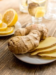 Raw ginger on wood table