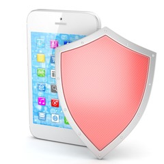 Smartphone and shield on white, security concept