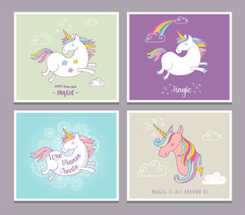 Fototapeta na wymiar cute magic unicon and rainbow greeting cards