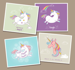 cute magic unicon and rainbow greeting cards