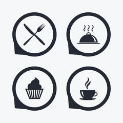 Food icons. Muffin cupcake symbol. Fork, knife.