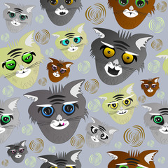 Seamless pattern with muzzles cats, ball of wool