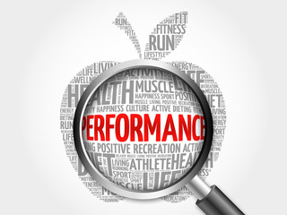 PERFORMANCE apple word cloud with magnifying glass, health concept