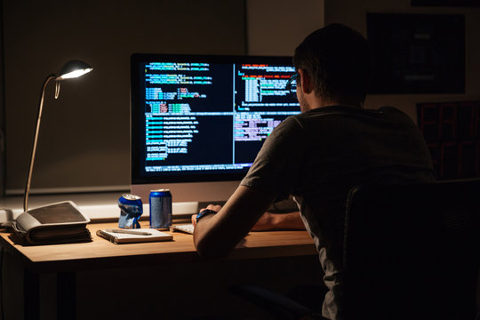 Back view of modern programmer sitting and writing code