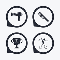 Hairdresser icons. Scissors cut hair symbol.