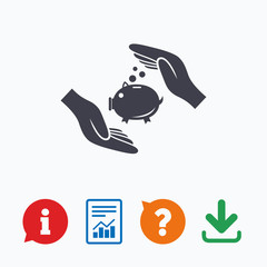 Piggy bank money sign icon. Hands protect cash.