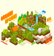 Flat 3d isometric jungle with wild animal, Infographic elements collection