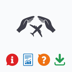 Obraz premium Flight insurance sign. Hands protect cover plane