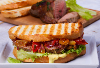 Beef Sandwich with Tomatoes, Coriander, Red Onion and Green Salad