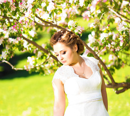 Beautiful bride in blossom garden in spring