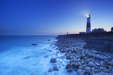 Fototapeta na wymiar The Portland Bill Lighthouse in Dorset, England at night