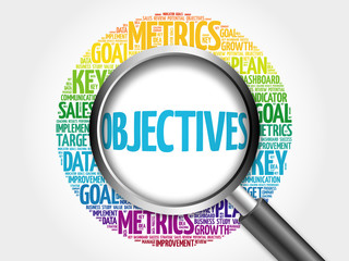 Objectives word cloud with magnifying glass, business concept