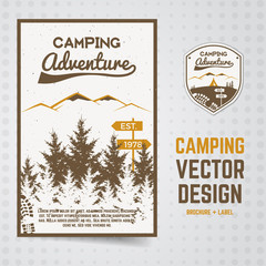 Camping adventure vector brochure and label The concept of flyer for your business, web sites, presentations, advertising etc. Quality design illustrations, elements. Flat outdoor style. National park
