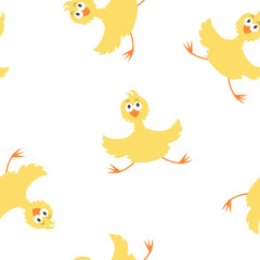 Funny yellow chicken seamless pattern. For backgrounds, fabric, children decoration