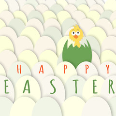 Funny yellow chicken in green egg with broken shell among many white eggs. Easter greeting card