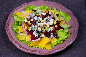 Orange, Beetroot, Blue Cheese, Red Onion and Pistachios Salad