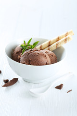 Sweet chocolate ice cream in bowl on grey wooden background