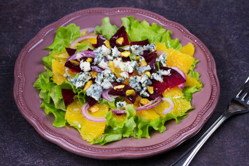 Orange, Beetroot, Blue Cheese, Red Onion and Pistachios Salad