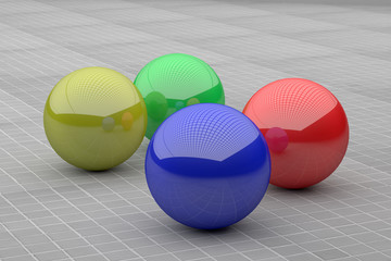 Close-up of four colorful futuristic balls