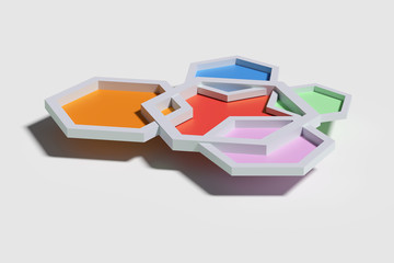Five colorful three-dimensional hexagons from above