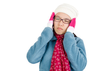 Asia woman feeling cold in winter season,isolated on white background